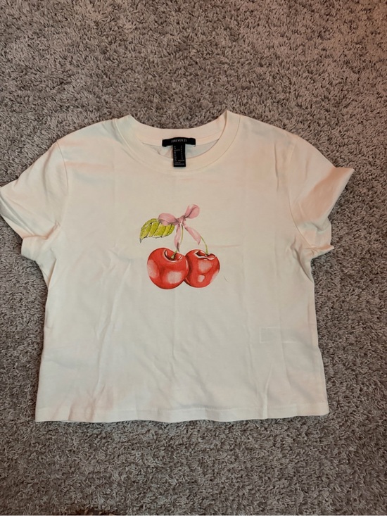 Forever 21 Tops - Forever 21 White Tee with Red Cherry Graphic and Pink Bow